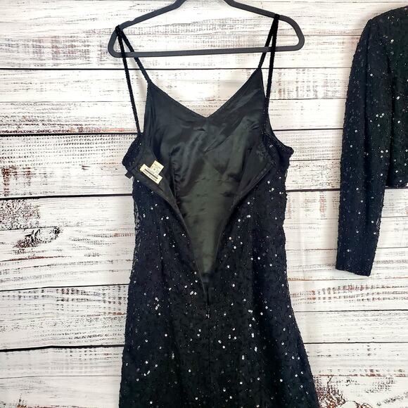 Vintage Formal Silk Black Sequin Beaded Dress Glam Event Gown Bolero Jacket Sz M - Picture 14 of 16